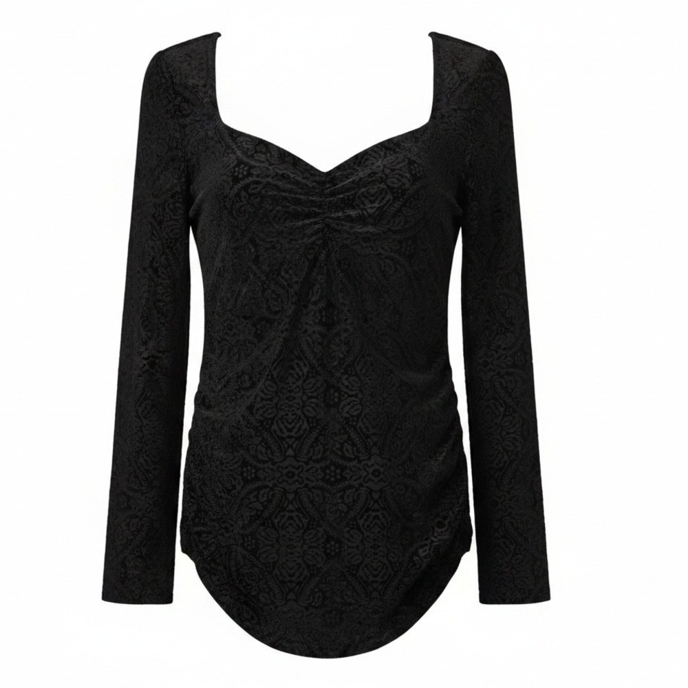 Loft NWT Black Witchy Jacquard Velvet Sweetheart Long Sleeve Blouse Top Large